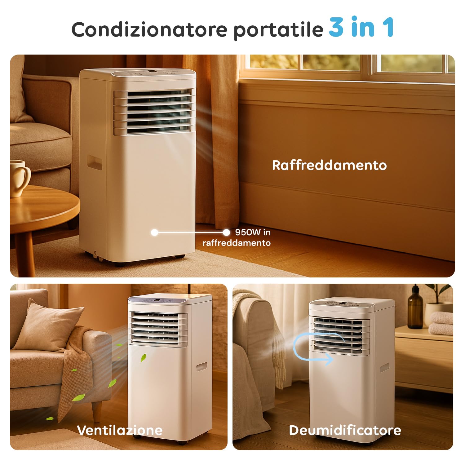 Avilia Condizionatore Portatile 9000 BTU 3 in 1 – Deumidificatore, Raffreddatore e ventilatore | Climatizzatore senza unità esterna per casa e ufficio