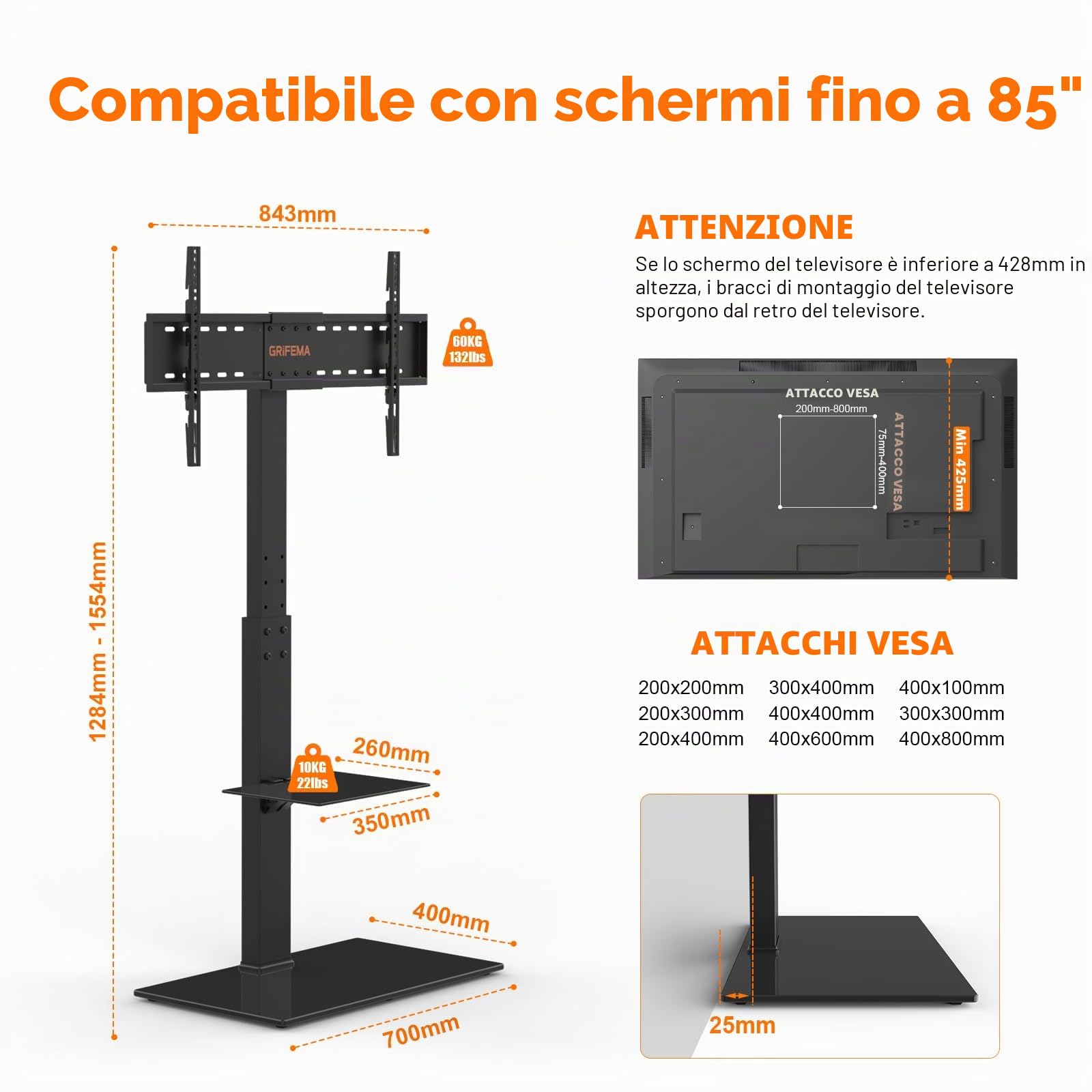 GRIFEMA Supporto TV da terra per TV fino a 85 pollici
