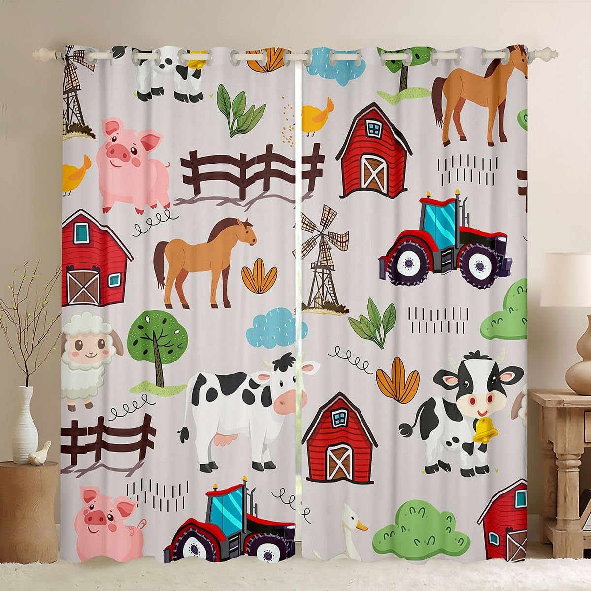 Loussiesd Cow Pig Horse Chicken Window Treatments, 2 pannelli W46*L54