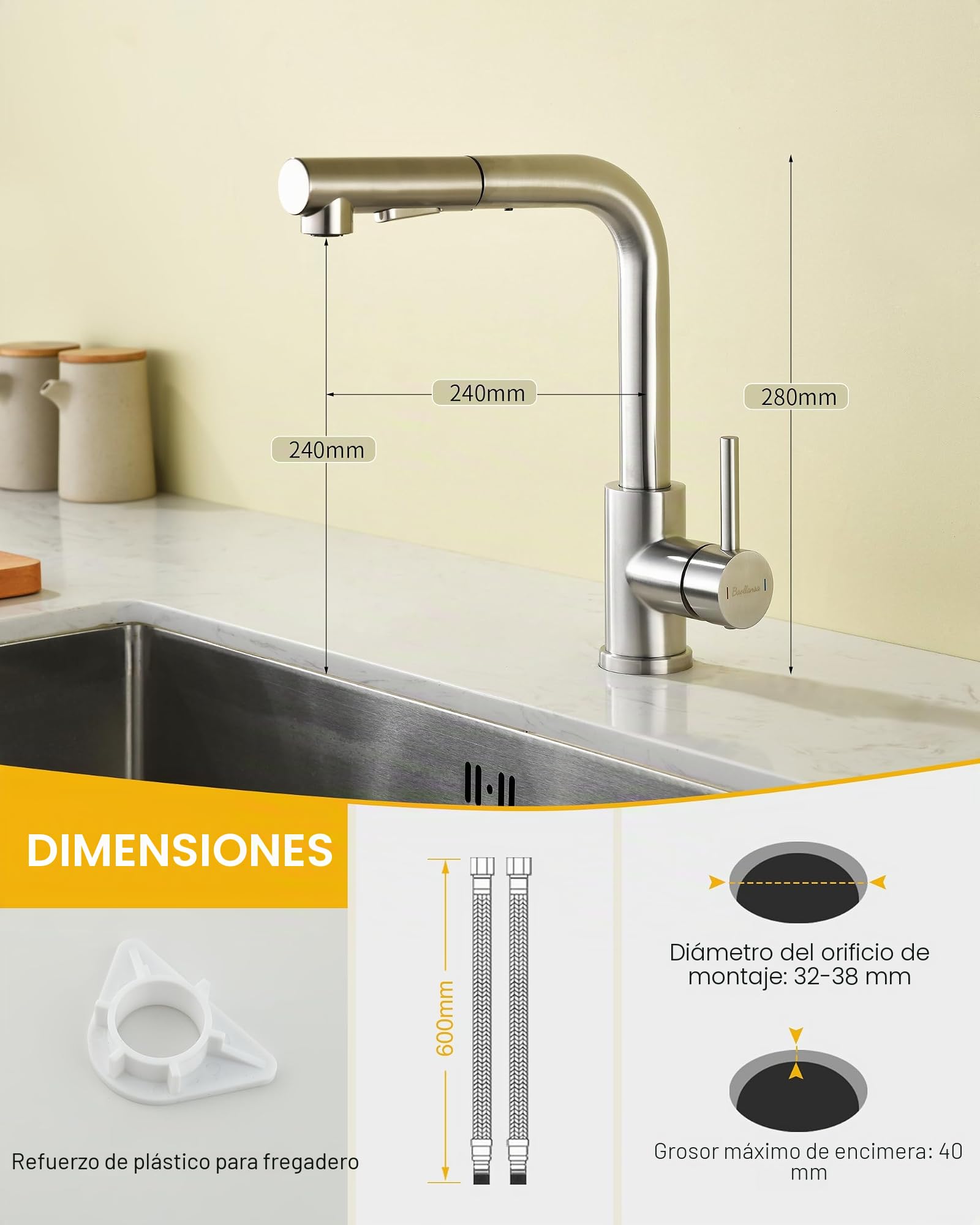 Grifo de cocina Baollansa, grifo extractable con alta presión, grifo de fregadero de cocina con ducha, 2 tipos de chorro de agua, grifo de cocina de acero inoxidable, giratorio 360° (cepillado)