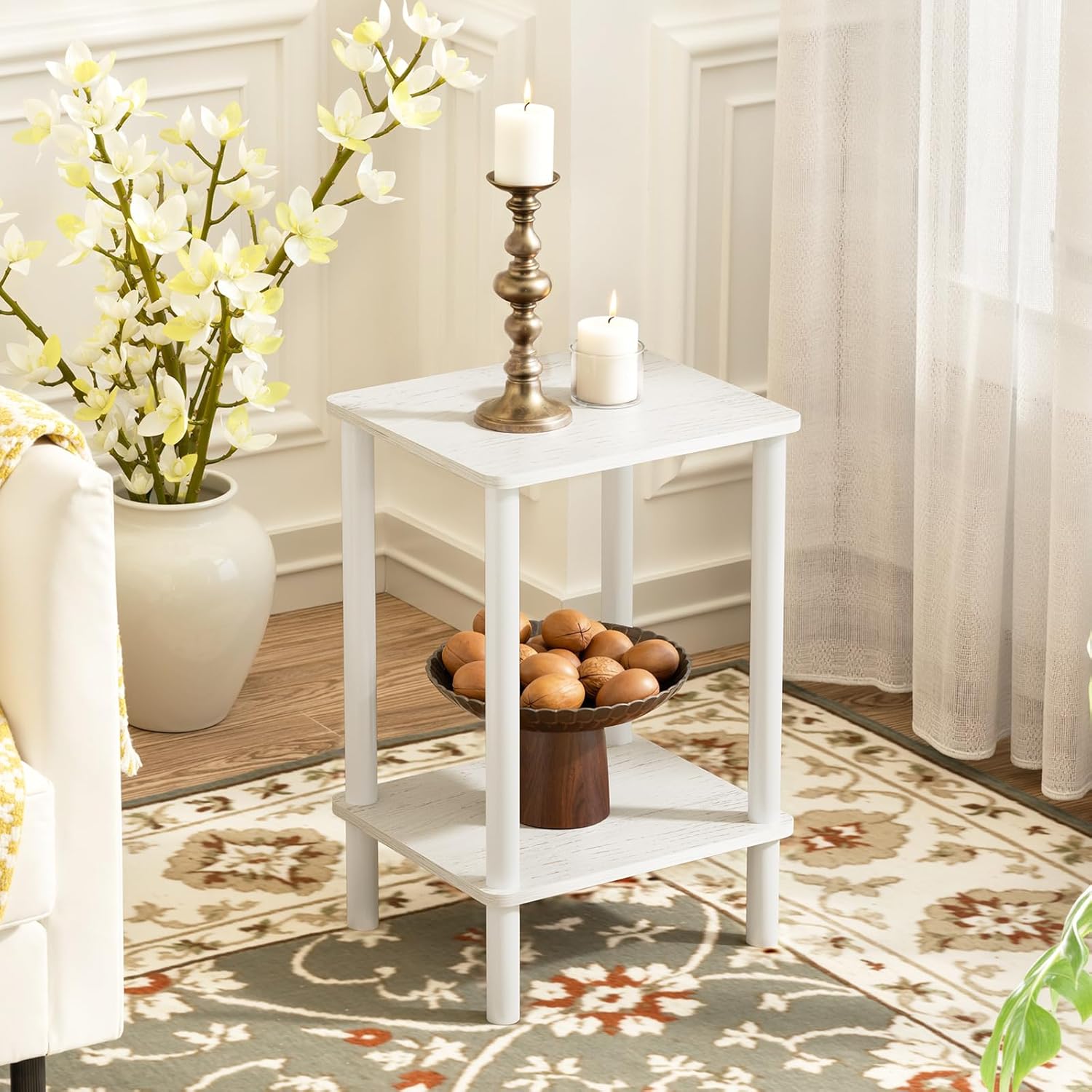 Open Shelves Side Table with Storage, 2-Tier Living Room End Tables, Night Table, 1-Min Installation Without Tools, Nightstand for Bedroom, White