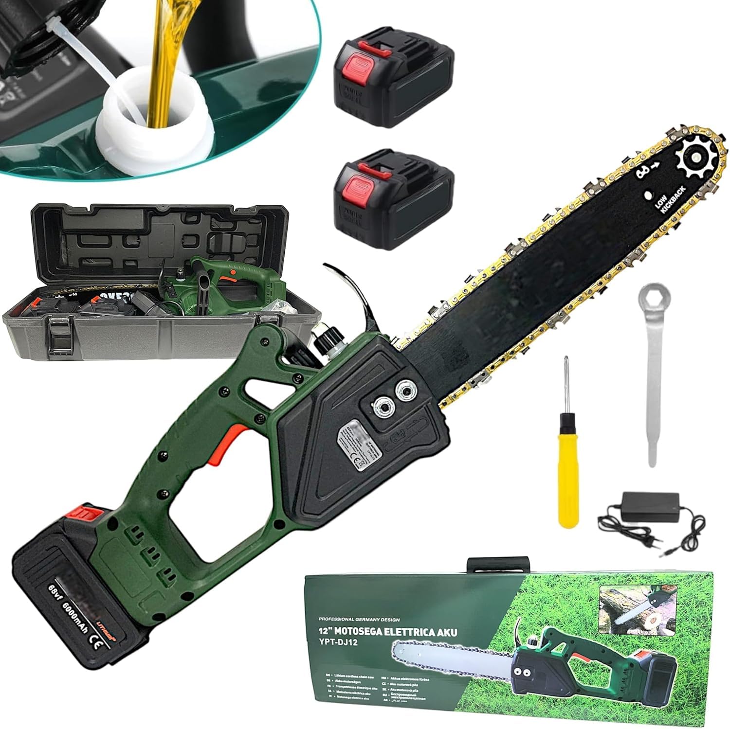 21 SHOP® Motosega a Batteria con Lama da 12" (30cm) Taglio Massimo 30 cm Elettrosega due Batterie 68V 6000mAh con Pompetta Olio per Lubrificazione Catena Automatica per Tagliare Rami e Legno