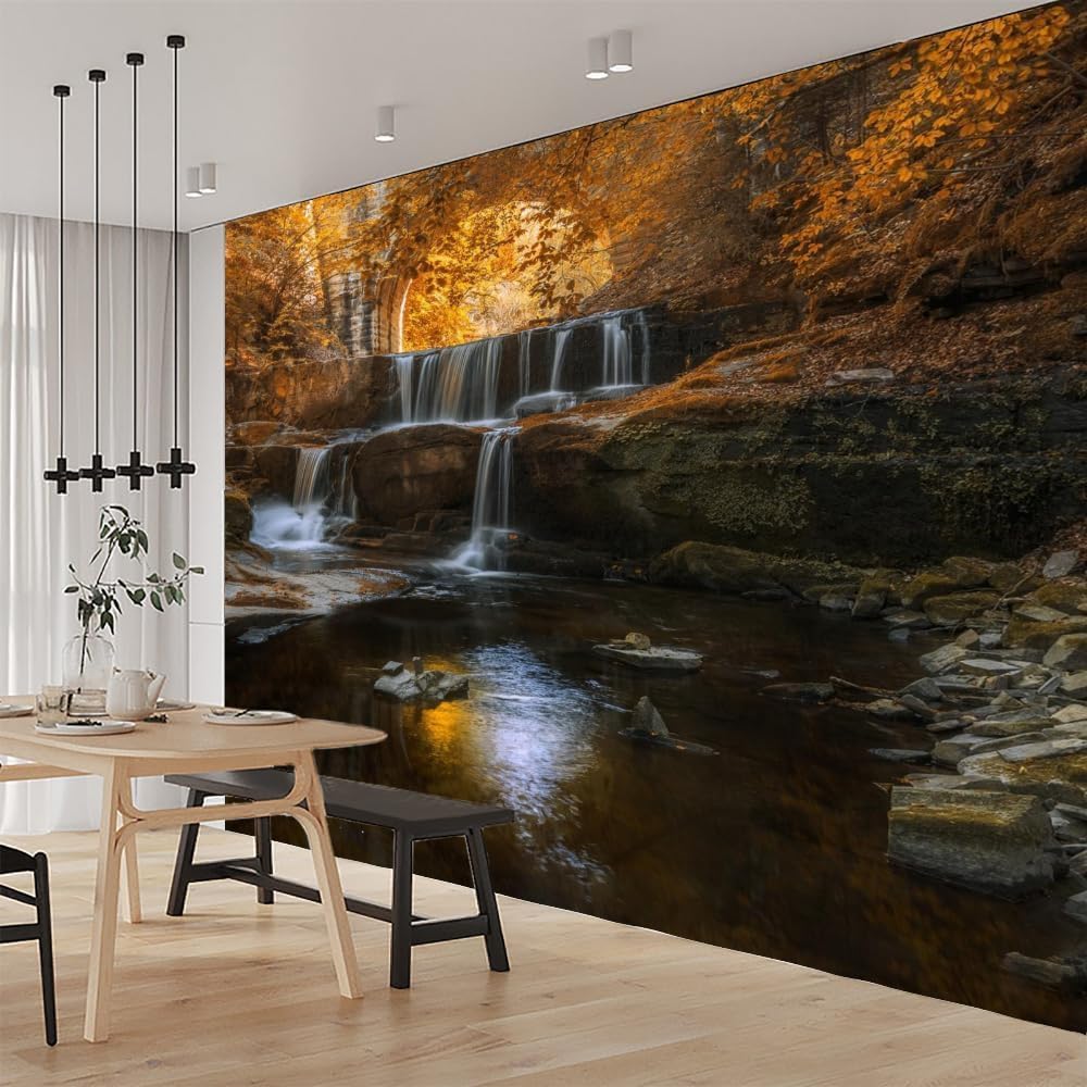 Waterfall Stream 3D Custom Mural, Autumn Landscape Durable Decortion Wallpaper,for Living Room TV Sofa Bedroom Bedroom Background Wall Painting,(Not Peel and Stick) 135" W x 106.3" H/343x270cm