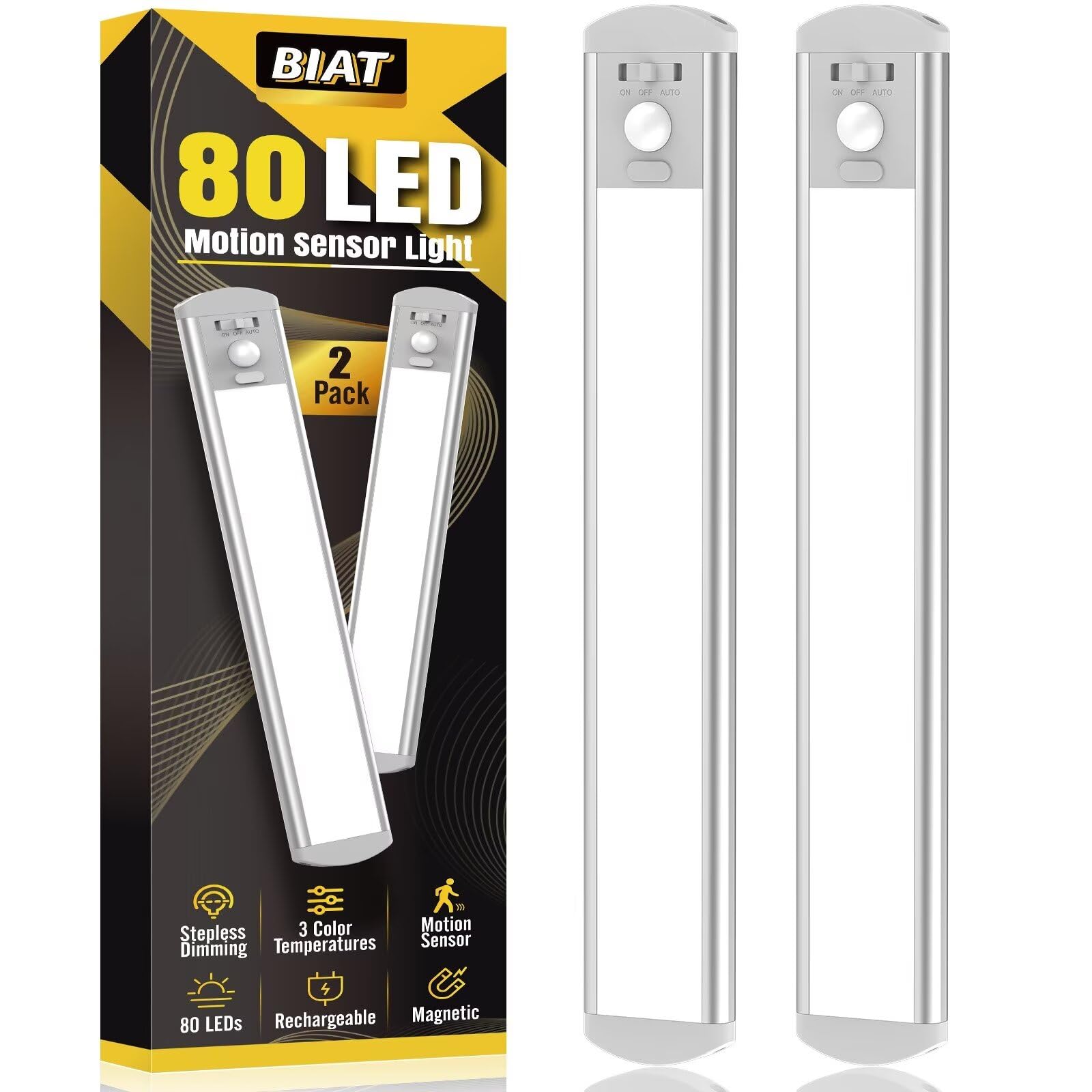 BIAT Under Cabinet Lights 2PCS, 80 LED Motion Sensor Indoor, Rechargeable Closet Lights with 3 Color Temps, Dimmable
