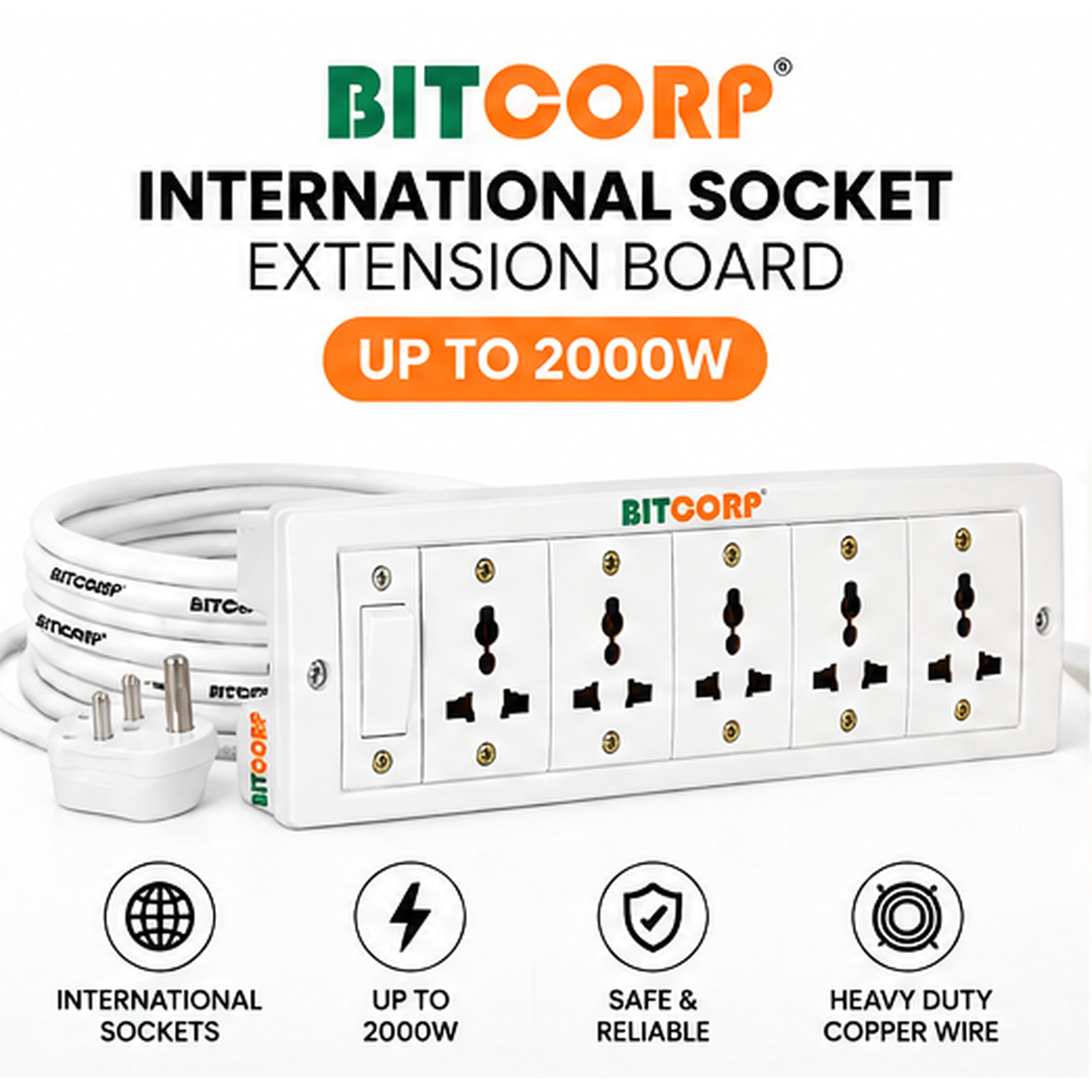 BITCORP 6A Extension Board - 5 Outlets, 2000W -2 BITCORP 6A Extension Board - 5 Outlets, 2000W -2