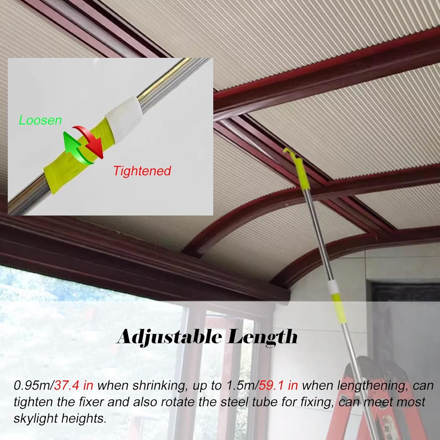 Metal Adjustable Cordless Blind Extension Pole, Telescopic Curtain Pull Wand with 2-Way Hook, 1 2 M Stainless Steel Roller Blinds Rod for Honeycomb Blinds(15 pcs,Lengthest 59.1"/150cm)