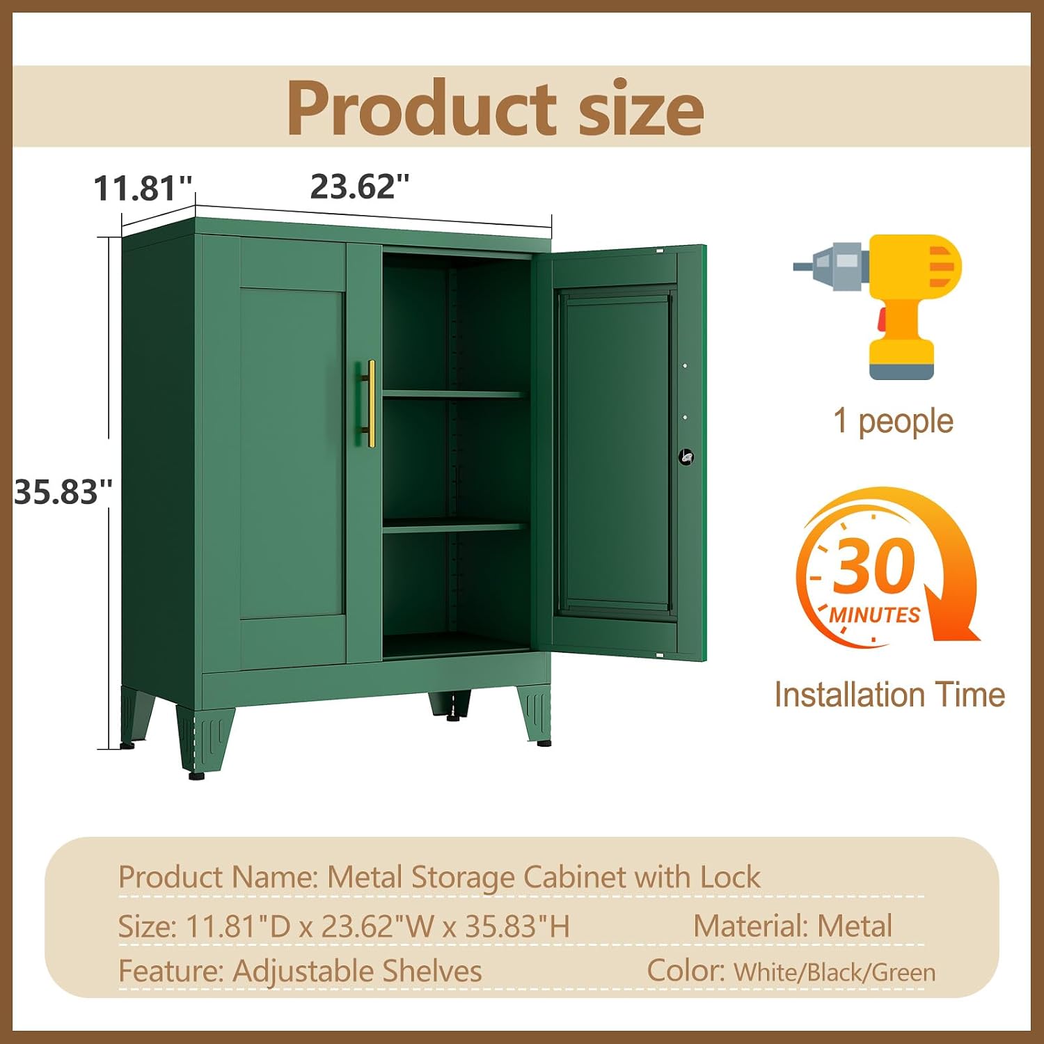 GAIOUS Green Sideboard Buffet Cabient, 35.83" Steel Kitchen Pantry Storage Cabinet with 2 Doors and 2 Adjustable Shelves, Bathroom Floor Storage, Freestanding Cupboard for Office/Kitchen/Home