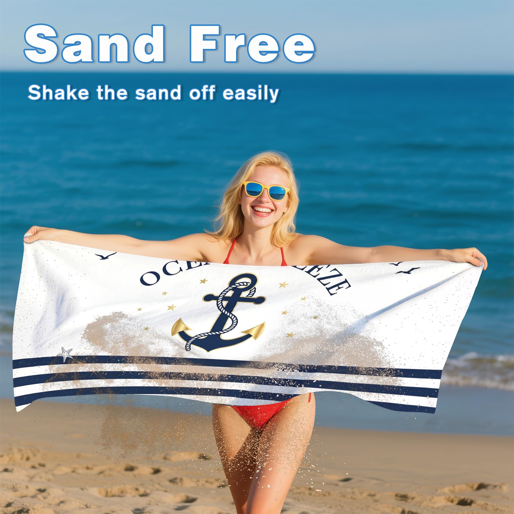 Serviette de Plage XXL Microfibre Ancre Nautique Océan Beach Vacances, Drap de Plage Séchage Rapide Anti Sable & Légère, Serviette de Bain Grande Taille 100x200 cm, Accessoire & Cadeau été