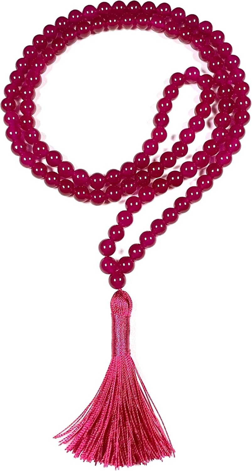 Red Jade Mala Beaded Necklace - Hand Knotted 8mm 108 Prayer Beads - Heart Chakra, Vitality, Passion
