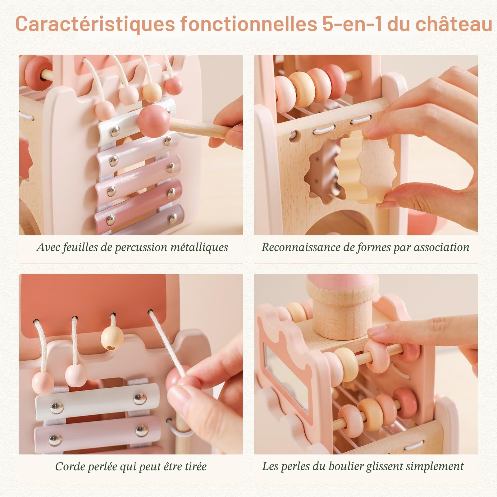 Jouet Montessori Bébé Jouet Bois, Château Rose Jouet éducatif Cube d'activité sensorielle Cube d'activité Boucle motrice Cadeau Bébé Fille Montessori Activity Cube 3+