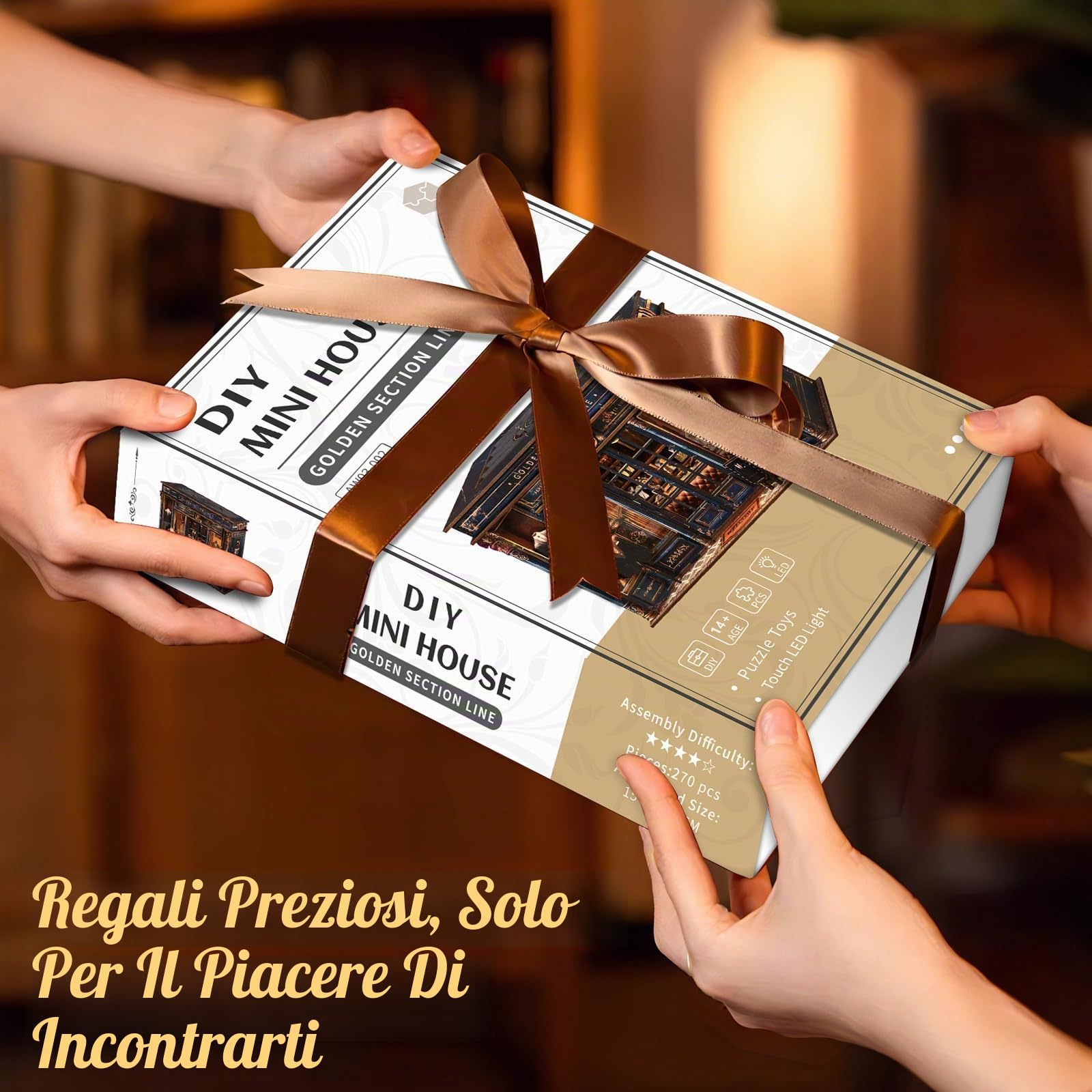Book Nook Kit-Miniatura Casa Golden Section Line (stile lusso retrò), puzzle in legno 3D fai da te con LED, set fai da te per adulti, Idea Regalo Creativa,decorazione per libreria