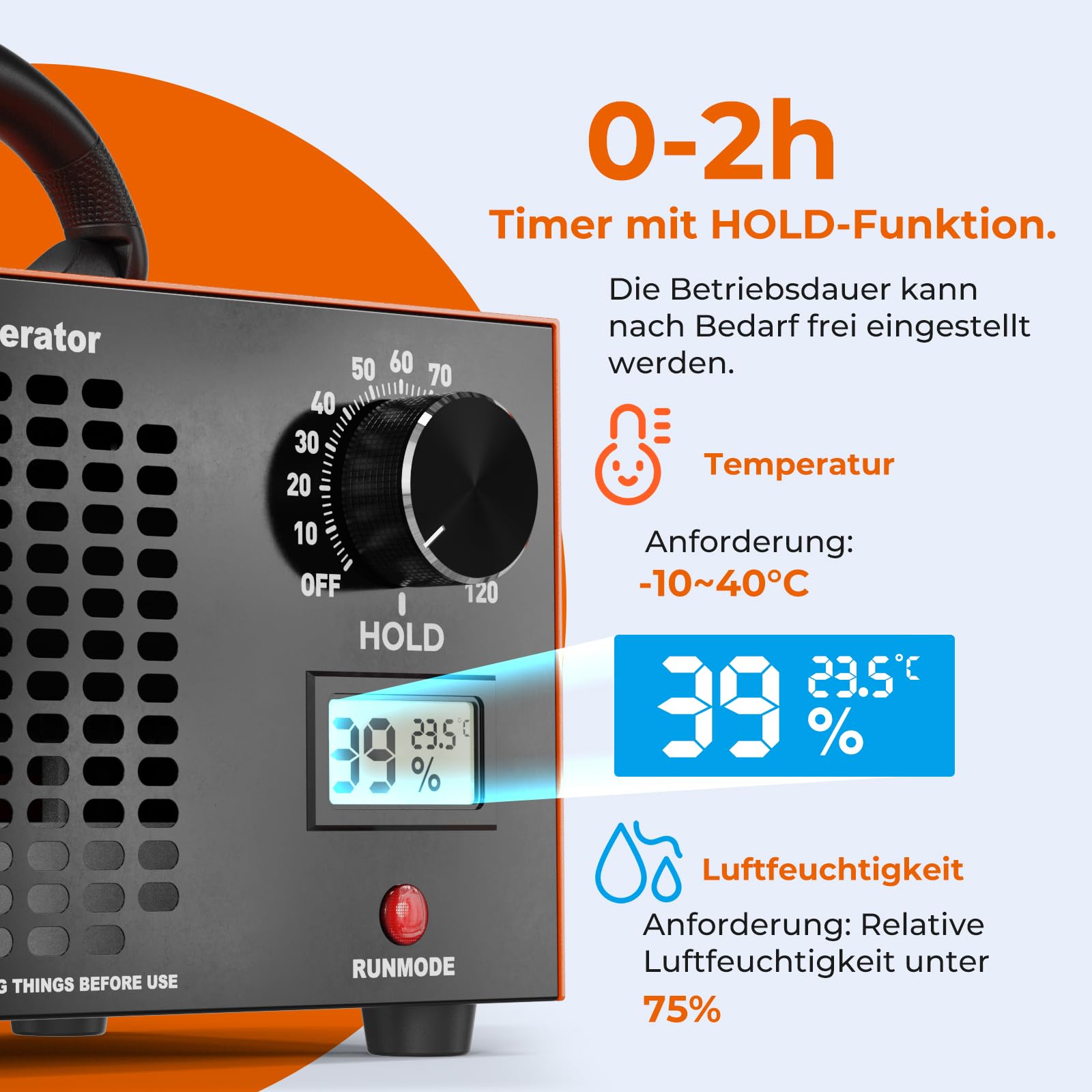 Ozongenerator - 120000 mg/H Ozongerät bis zu 320 ㎡ mit Temperatur- und Feuchtigkeitsanzeige, 120-Minuten-Timer, O3 Ozon Luftreiniger für Auto Garagen Wohnung Hotels Küche Haustiere, Reinigen Gerüche