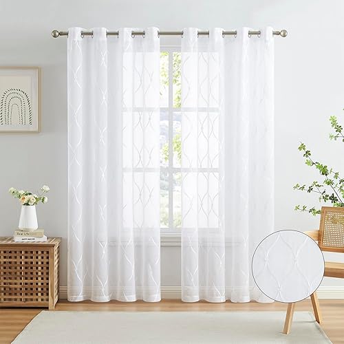 July Joy Cortinas traslúcidas blancas de 84 pulgadas de largo con ojales bordados marroquíes para sala de estar, dormitorio, 2 paneles blancos