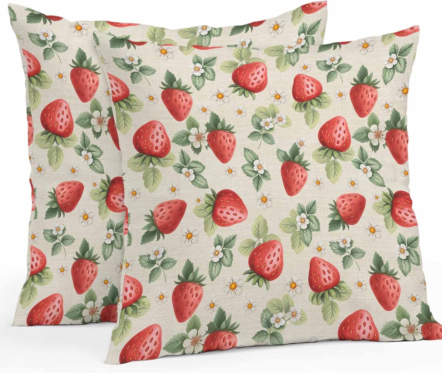 Red Strawberry Outdoor Pillow Cover 26x26 Inch Cushion Sham Case, Waterproof Decorative Square Throw Pillowcase for Outside Garden Patio Porch Couch Chair Tent Summer Fruits Green Leaves White Floral