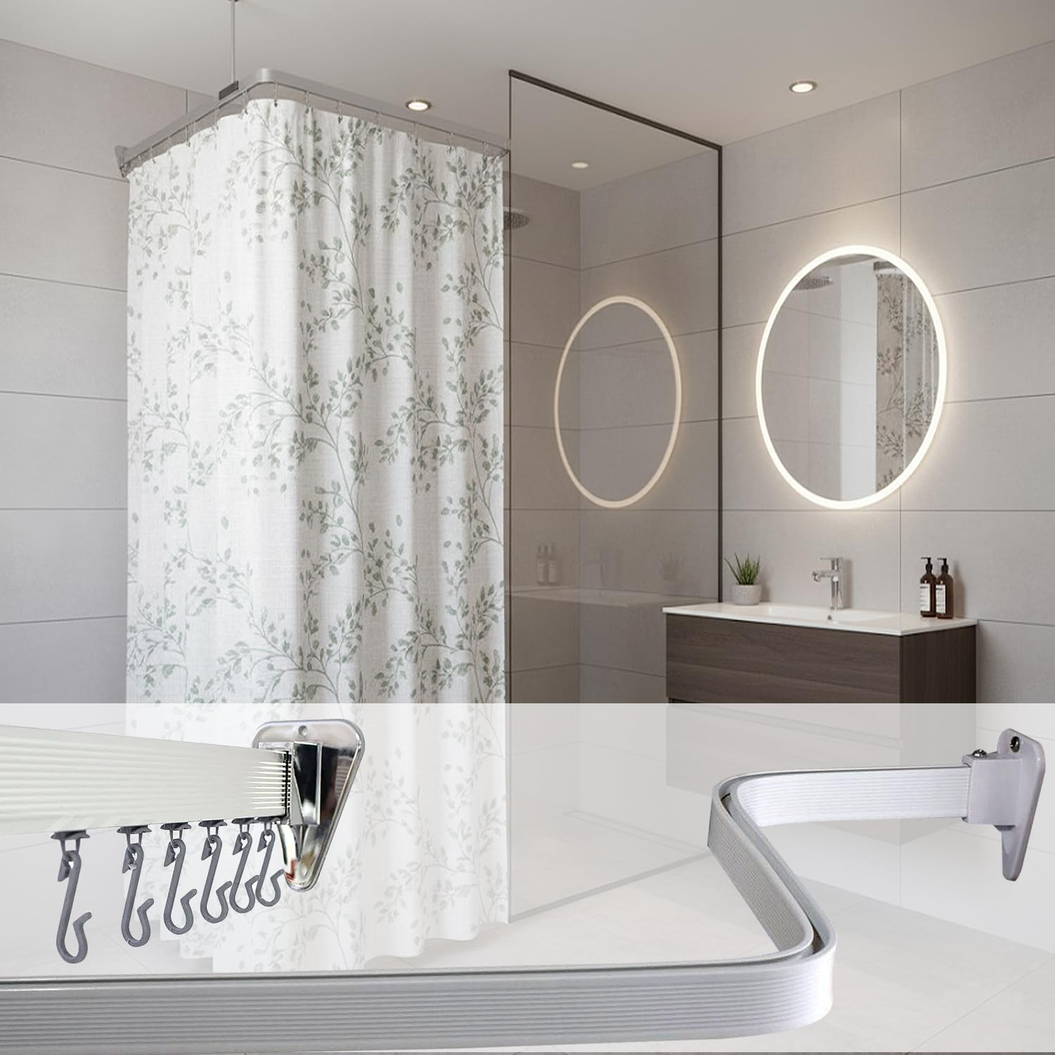 Ecospa Chrome Bendy Shower Track Rail – Fully Adjustable Curtain Track For L, U, P & Rounded Shapes And More – Includes Hooks & Assembly Instructions