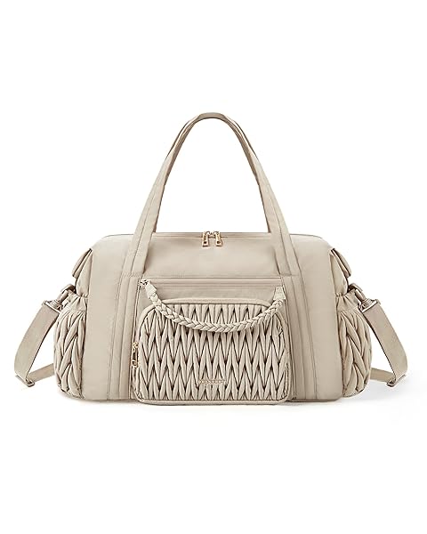 BAGSMART Quilted Duffle Bag for Women, Weekender Overnight Gym Travel Carry-On Bag, Camel