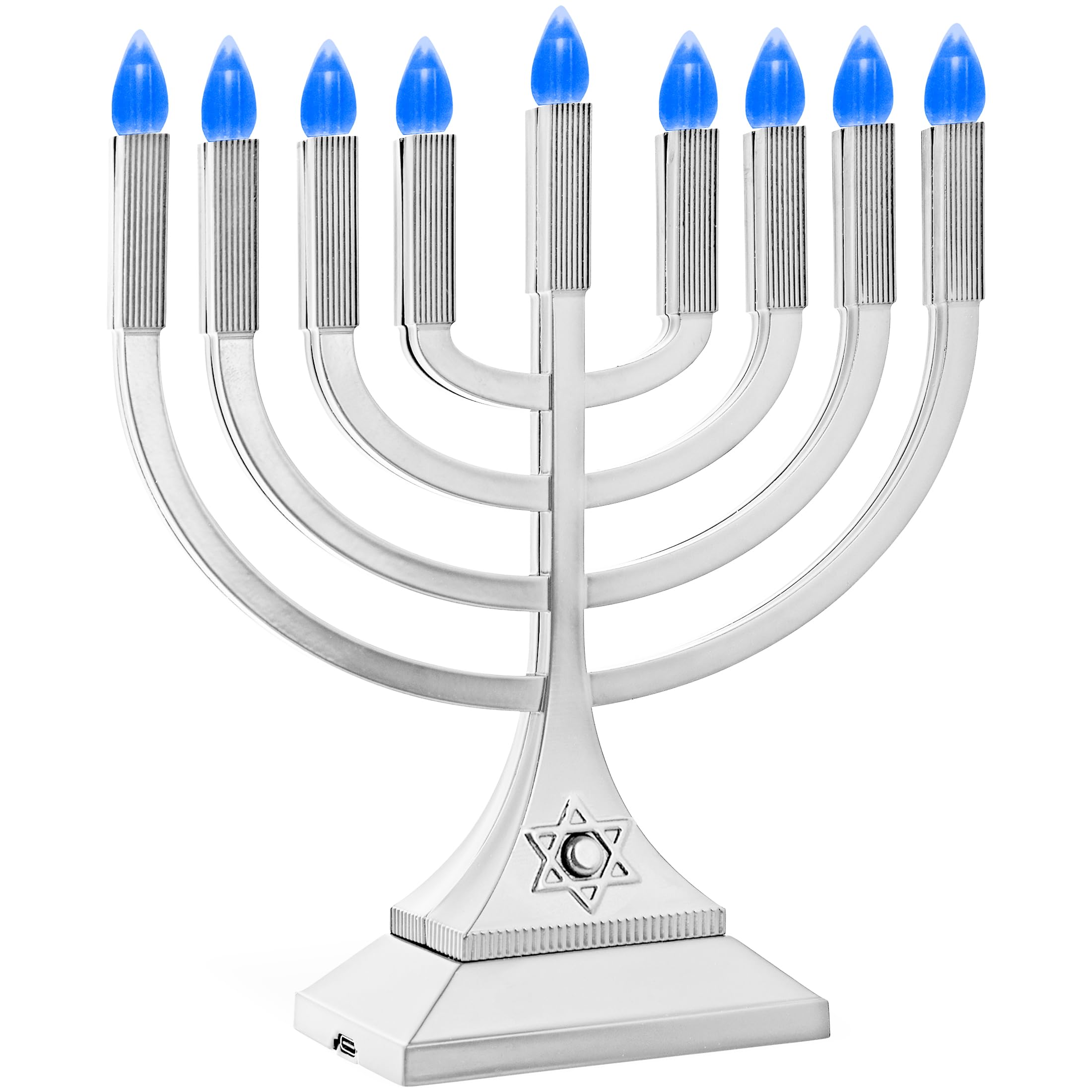 Zion Judaica 9" LED Hanukkah Menorah Silver Powered by Batteries or Included 3' USB C Cable Flameless Chanukkah Candleholder USB Electric Minorah Bulbs Chanukah Decoration Lights Hanukkiah