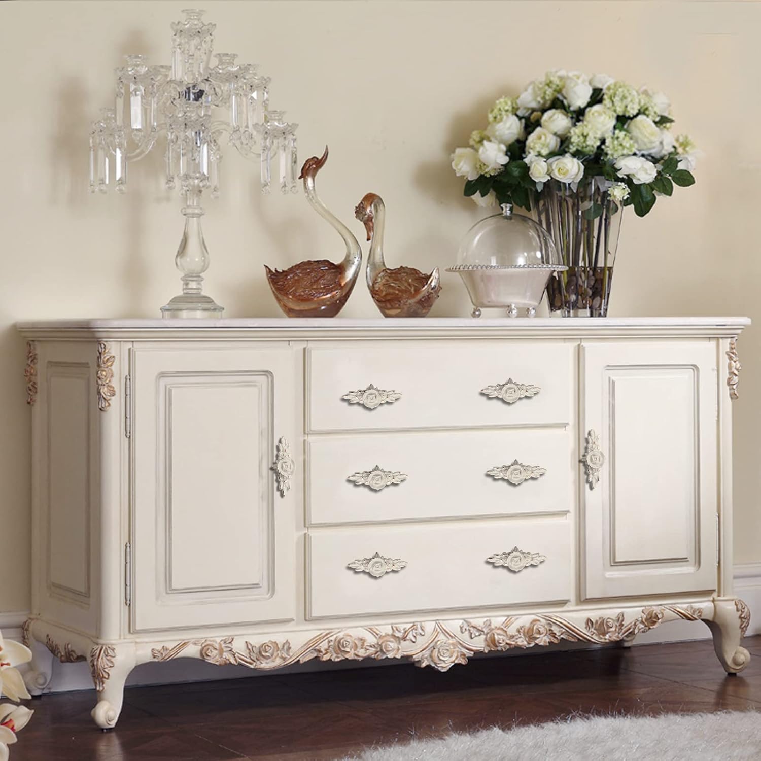 Uenhoy 5 Pcs Rose Cabinet Knobs with Backplate, Vintage Floral Drawer Knob Pulls, Zinc Alloy Rose Flower Drawer Pull Handles for Cabinets and Dresser - 4 Inch, Ivory White with Golden Trim