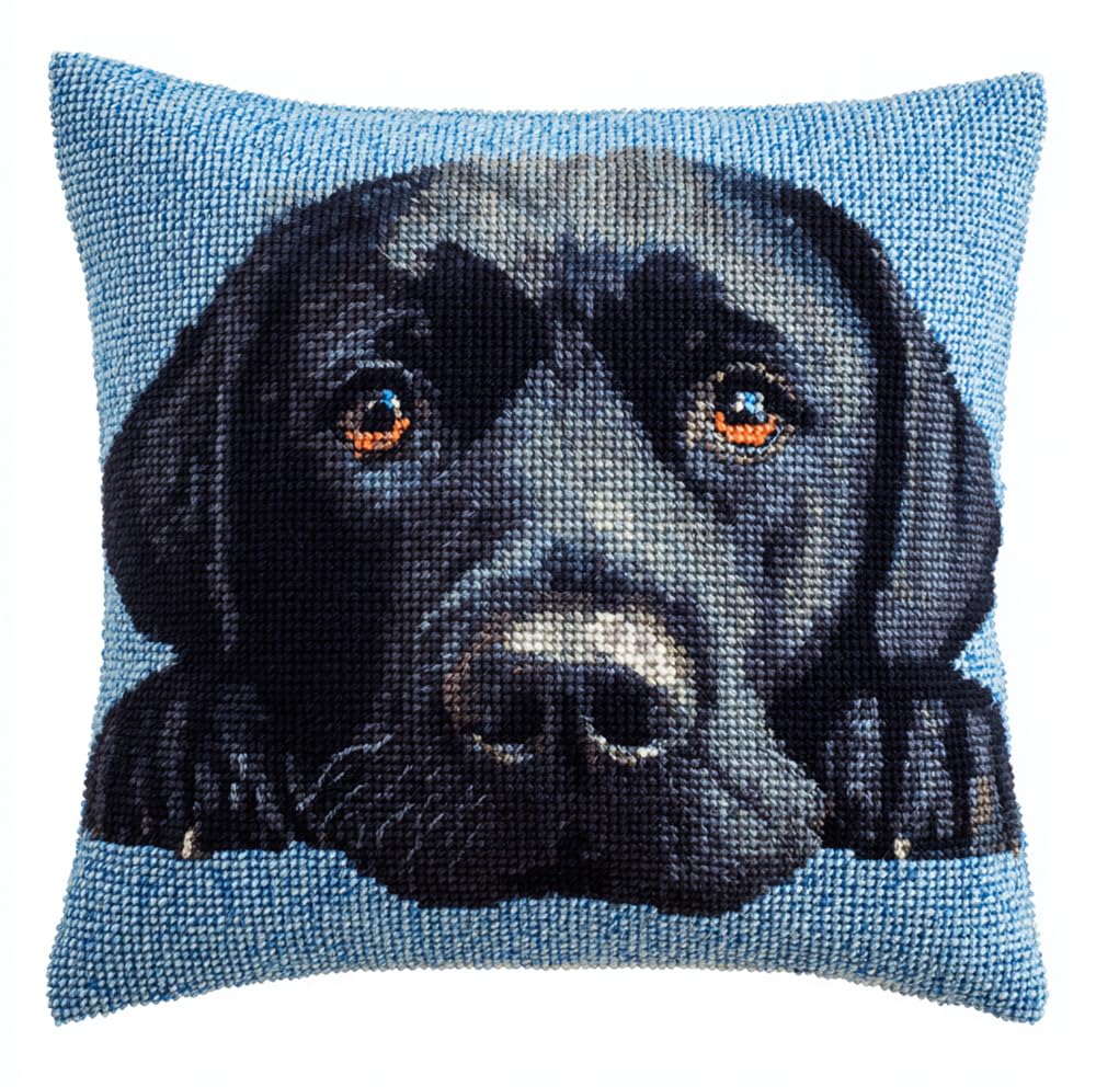Henypt Cross Stitch Embroidery Kits Cushion Embroidery Set Beginners Pre-Printed Black Labrador Retriever 17.7X17.7In(45X45Cm) DIY Cross Stitch Cushion Creative Set for Adults Craft Kit Craftsman G
