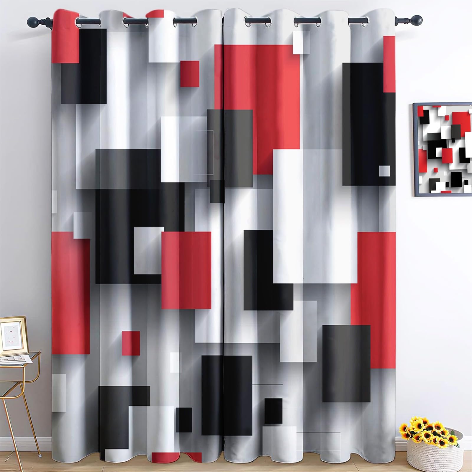 XCQHZYQ Blackout Curtains Geometric Rectangle Square Red Black Super Soft Thermal Insulated Black out Eyelet Curtains for Kids Bedroom 46 x 72 Inch 2 Panels, Energy Saving Room Darkening Drapes