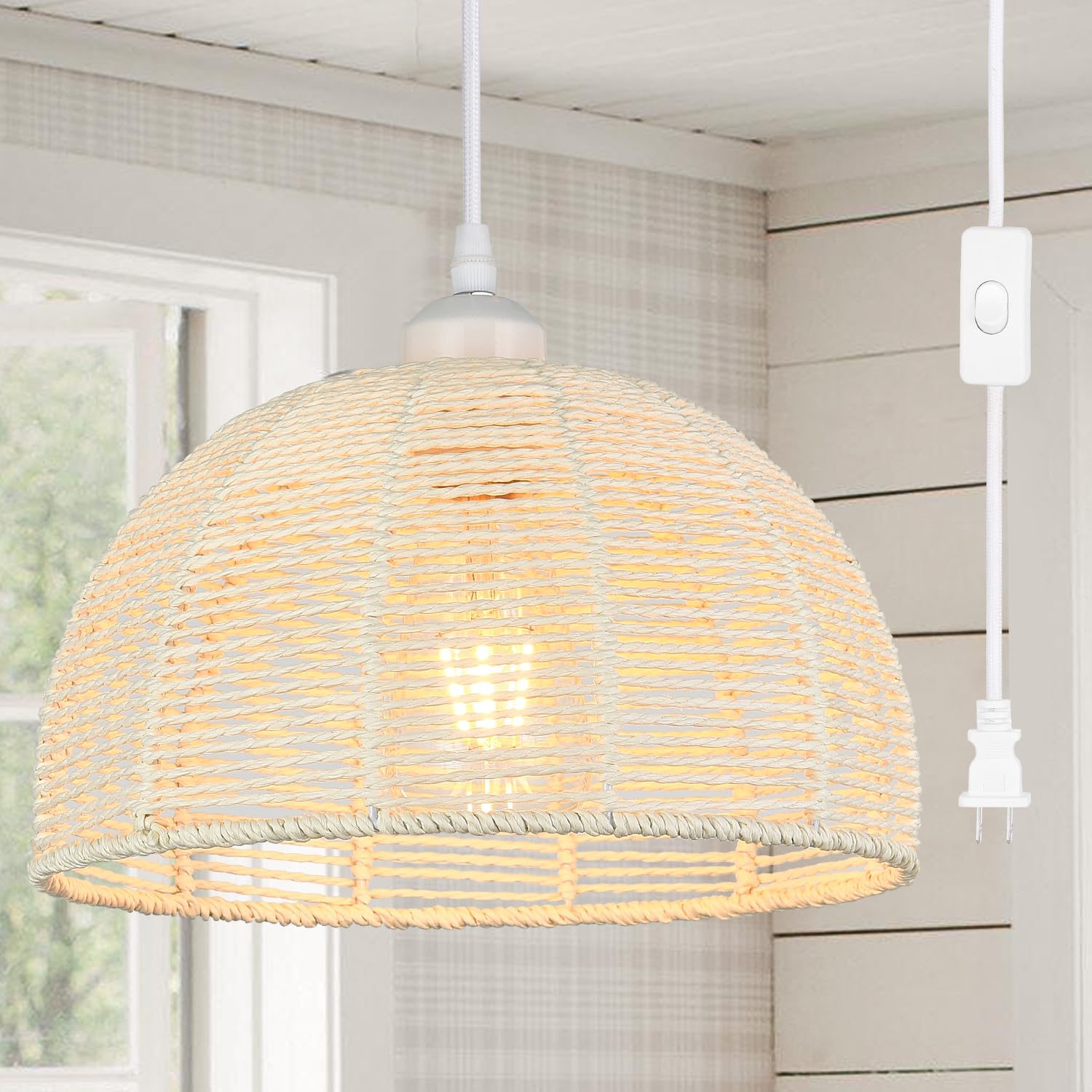 Worderdeng Rattan Plug in Pendant Light,16ft Hanging Lights with Boho,Hanging Lamp with Woven Paper Rattan Shade,Pendant Lights for Dining Room Living Room Bedroom,Cream White