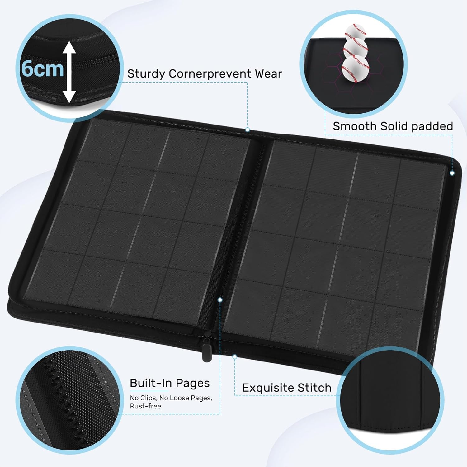 1000+ Pockets Trading Card Binder, 16 Pockets Zipper Binder Card Album, 32 Pack Double-sided Side Loading Non-Ring Card Binder, Card Holder Folders for MTG, TCG, Game Cards & Sports Cards, Black
