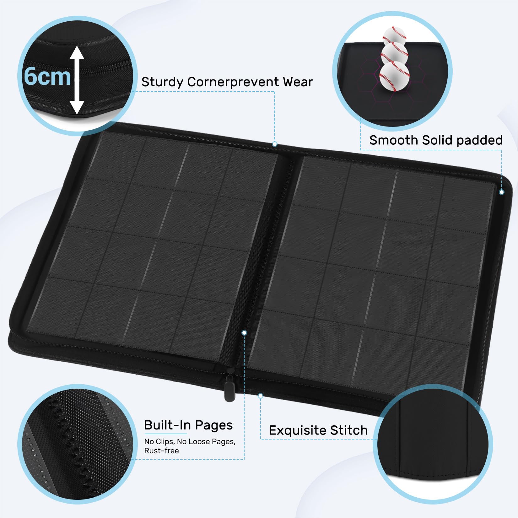 WITHYU Album da Collezione per Carte 16 Tasche, Capacità 1024 Carte - Portacarte Impermeabile Caricamento Laterale con Zip per TCG, Calcio & Collezioni, Portatile (Nero)