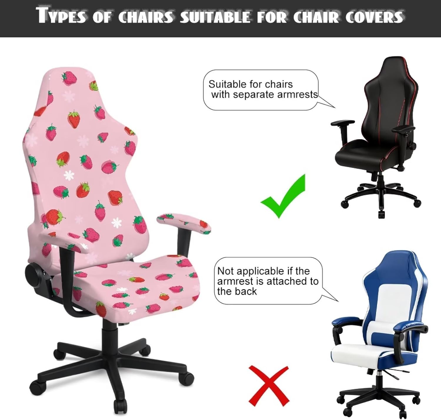 Cute Strawberry Gaming Chair Cover with Armrest Covers 4-Piece Gaming Chair Seat Cover for Pet Protection Computer Chair Cover Anti-Scratch for Office Reclining Racing Decor