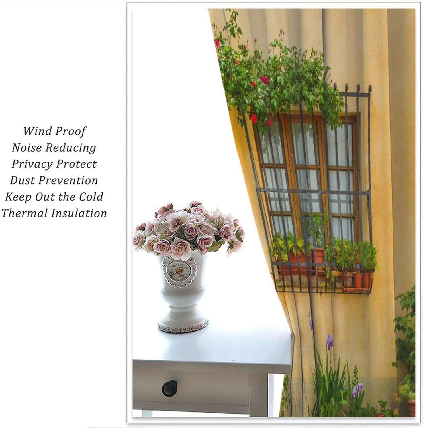 Italian Blackout Curtain,Porch Flowers Pots Plants Floral Flowers Retro Country Farmhouse Print Window Drapes for Bedroom Living Room Kitchen Cafe Office Decor,2 Panel Set,42x45 Inch