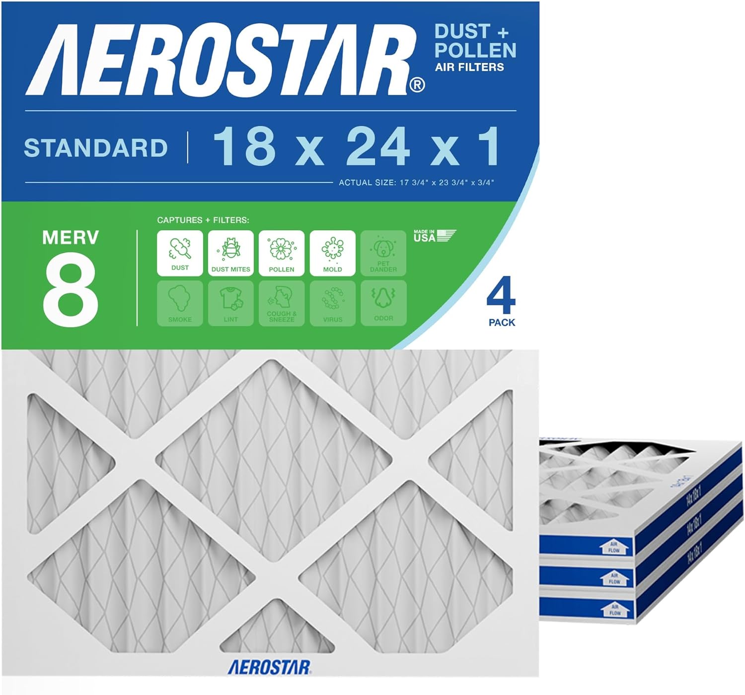 Aerostar 18x24x1 MERV 8 Air Filter, 4 Pack Set of HVAC Furnace Filters, Electrostatic MPR 600 & FPR 5 (Actual Size: 17 3/4 x 23 3/4 x 3/4 inches)