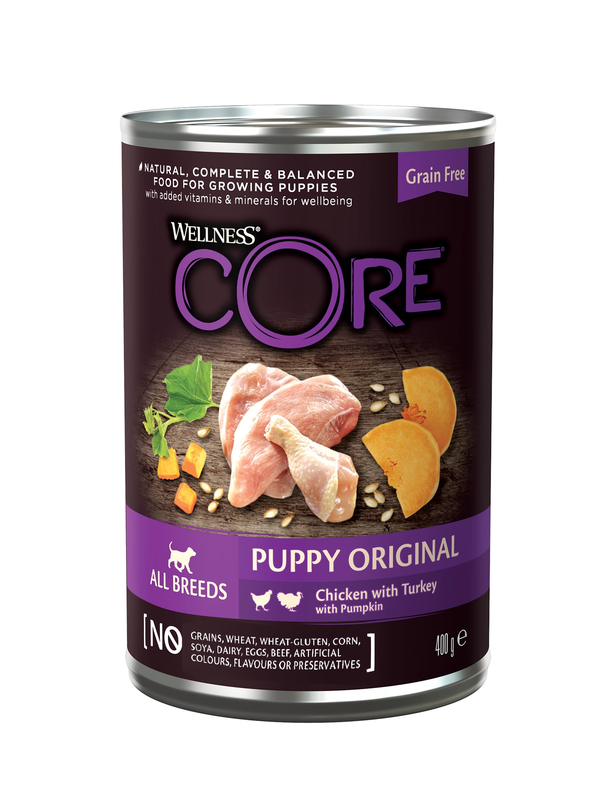 Wellness CORE 95% 6 x 400g, Kurczak i Indyk – Mokra Karma, Pasztet typu Chunky dla Szczeniąt, Bezzbożowa, Naturalna, Hipoalergiczna, Bogata w Białko, o Wysokiej Zawartości Mięsa