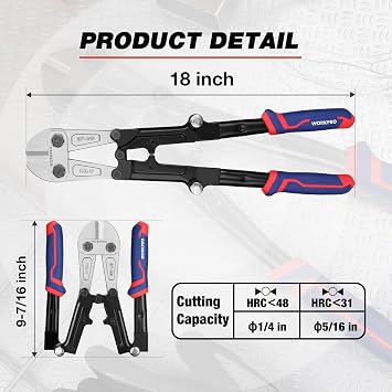 WORKPRO 18-Inch Foldable Bolt Cutter, Tri-Material Handle with Comfort Grip, Chrome Vanadium Steel Blade, for Rods, Bolts, Rivets, Wires, Cables and Chains