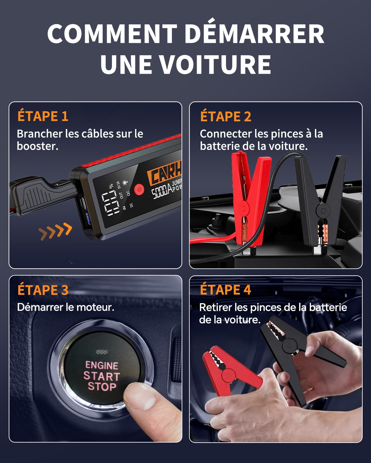 CARHEV Booster Batterie Voiture 5000A, 26800mAh Démarreur Batterie Voiture (Jusqu’à 10L Essence & 10L Diesel), 12V Portable Jump Starter avec Pinces de Sûreté Intelligentes, Lampe à LED, Écran LCD