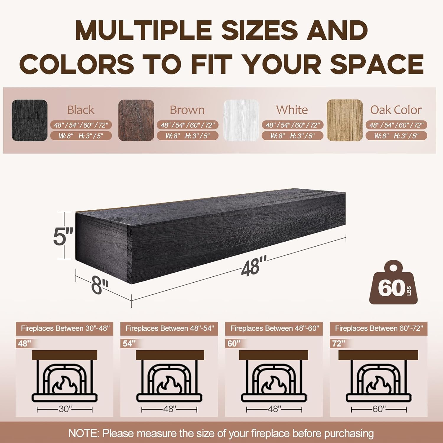 Fireplace Mantel Shelf, 48×8×5 Inch Wooden Floating Shelf for Over Fireplace, Handcrafted Wood Mantels, Wall-Mounted Mantel Shelves, Rustic Floating Mantels Shelves for Living Room, Black