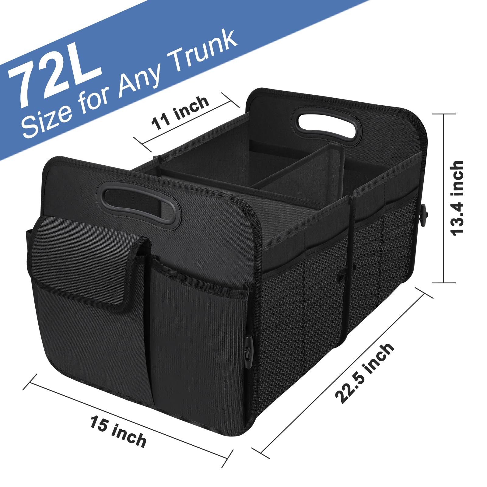 HABOPET Trunk Organizer for Car, Foldable Waterproof Car Organizers, Collapsible Multi-Compartment Trunk Grocery Organizer and Storage for SUVs & Sedans, Car Accessories for Women and Men, 72L, Black