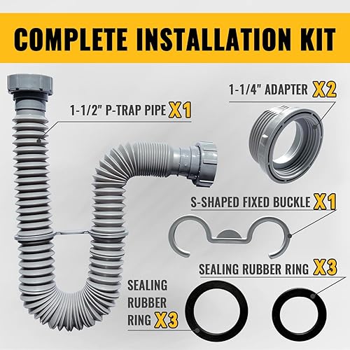 Miniatura 8 de Tubo de drenaje para fregadero P Trap de 1-12 pulgadas, tubo de drenaje flexible expandible para fregadero, tubo de drenaje en P de 11 a 31.5