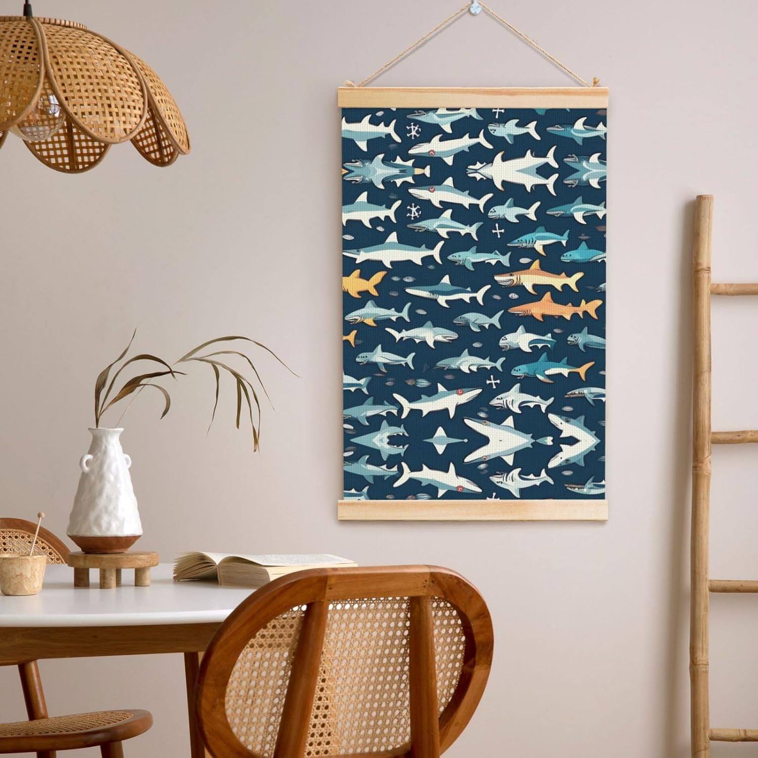 Sharks Nautical Print Poster Hanger,Hanging Poster, Poster Frame,Wood Poster Hanger, For Wall Hanging