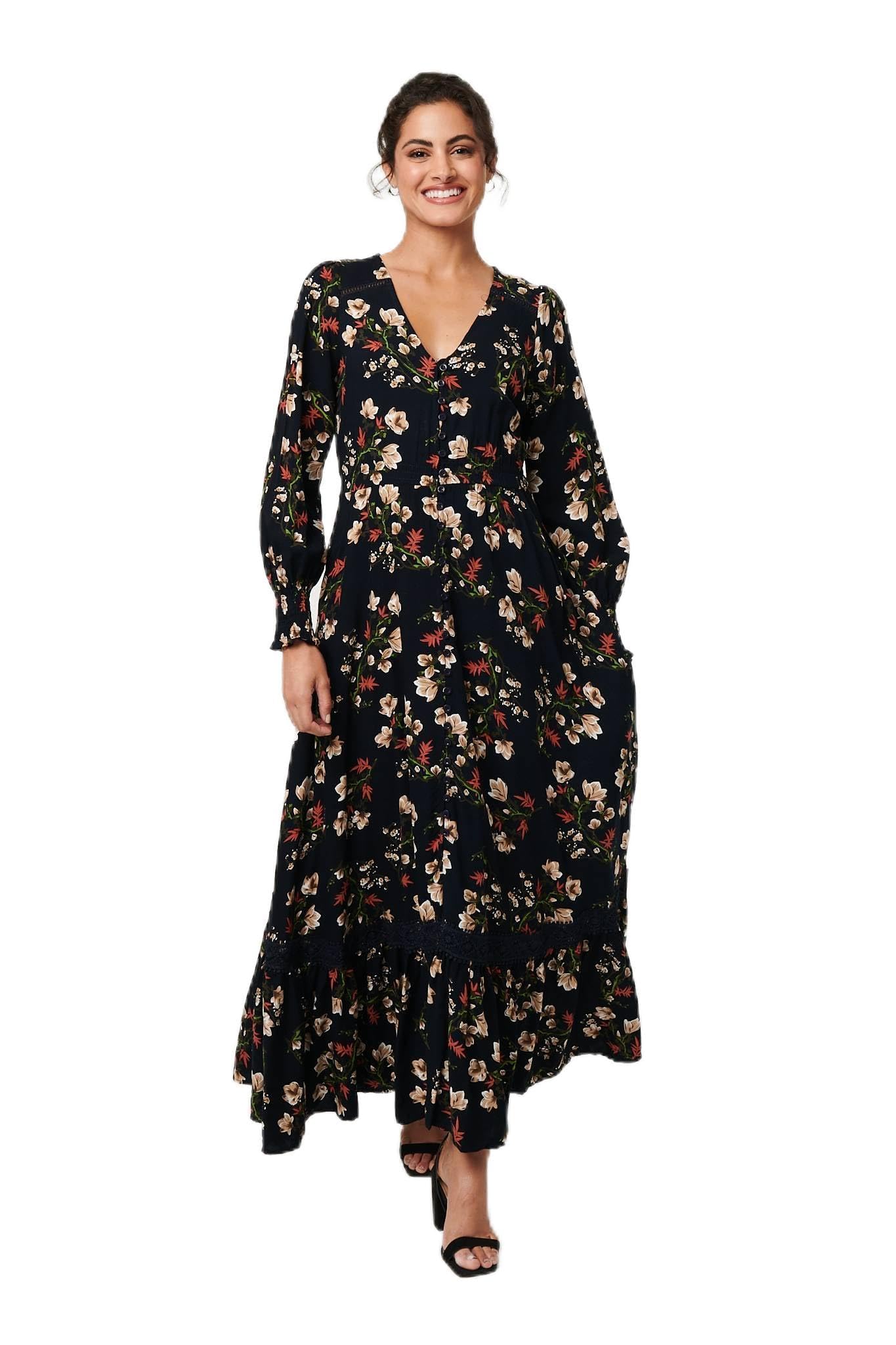 Izabel London Women's Floral Long Sleeve Lace Trim Maxi Dress in Navy | Size: 14