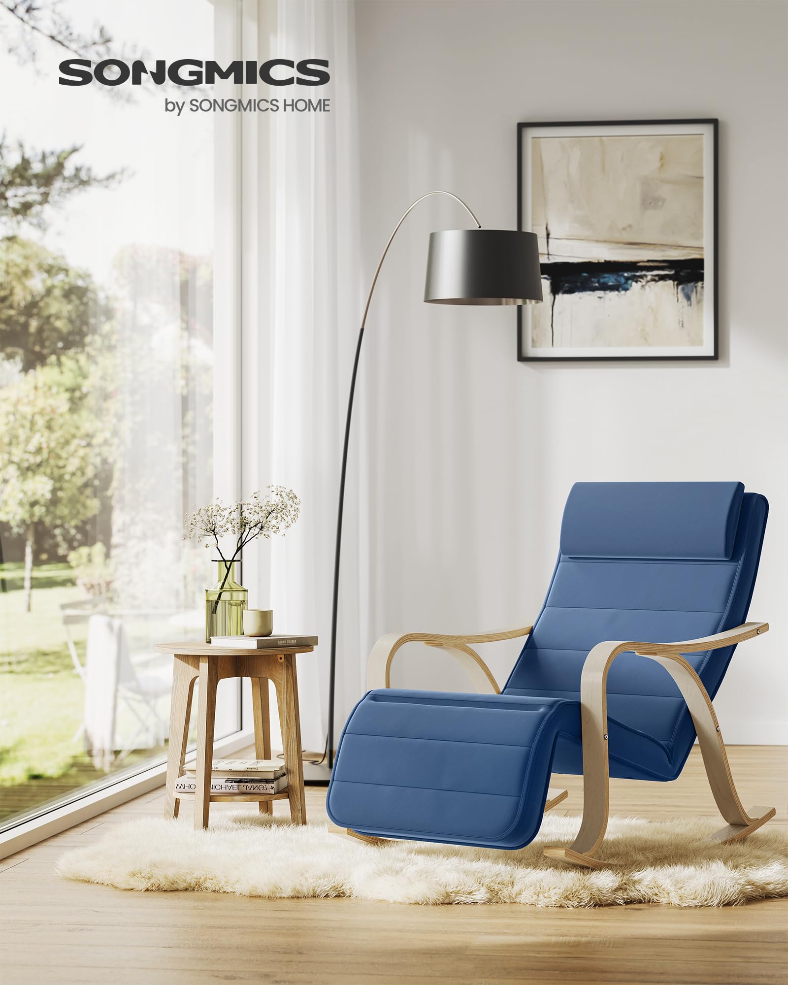 SONGMICS Fauteuil à Bascule en Bois de Bouleau, Chaise Berçante avec Repose-Pied Réglable sur 5 Hauteurs, Housse en Coton, Capacité de Charge 150 kg, Bleu Minuit LYY041Q01, 67 x 116 x 88 cm