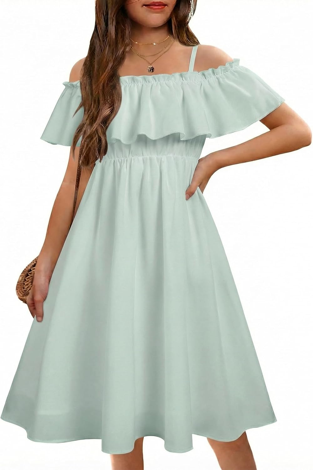 Arshiner Girls Summer Floral Ruffle Sundress Cold Shoulder Casual Holiday Dresses