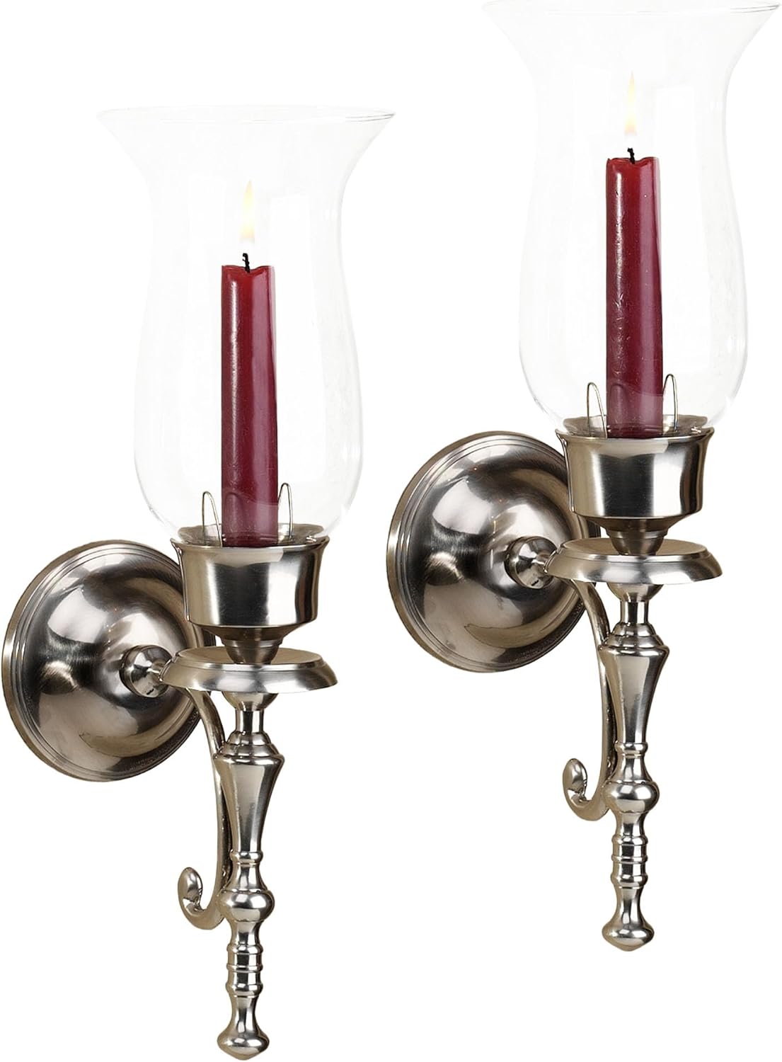 Manor Wall Sconce Pair - Satin Nickel - Made of Solid Brass - Hurricane Style Glass - Elegant Candle Holder for Bedroom, Living Room, Kitchen