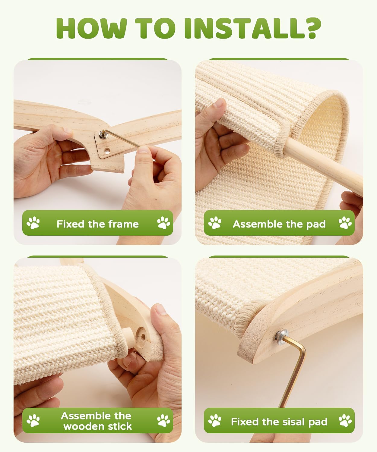 Cat Scratcher Bed with Sisal & Solid Wood Base, Extra Large Cat Scratch Pad for Scratching, Lounging & Sleeping, Stable Anti-Tip Design, Paint-Free & Eco-Safe, Easy Assembly, 34”