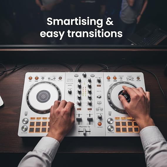 Pioneer DJ FLX4 2-Channel DJ Controller - White Bundle with Laptop Stand, Headphones, and Austin Bazaar Polishing Cloth