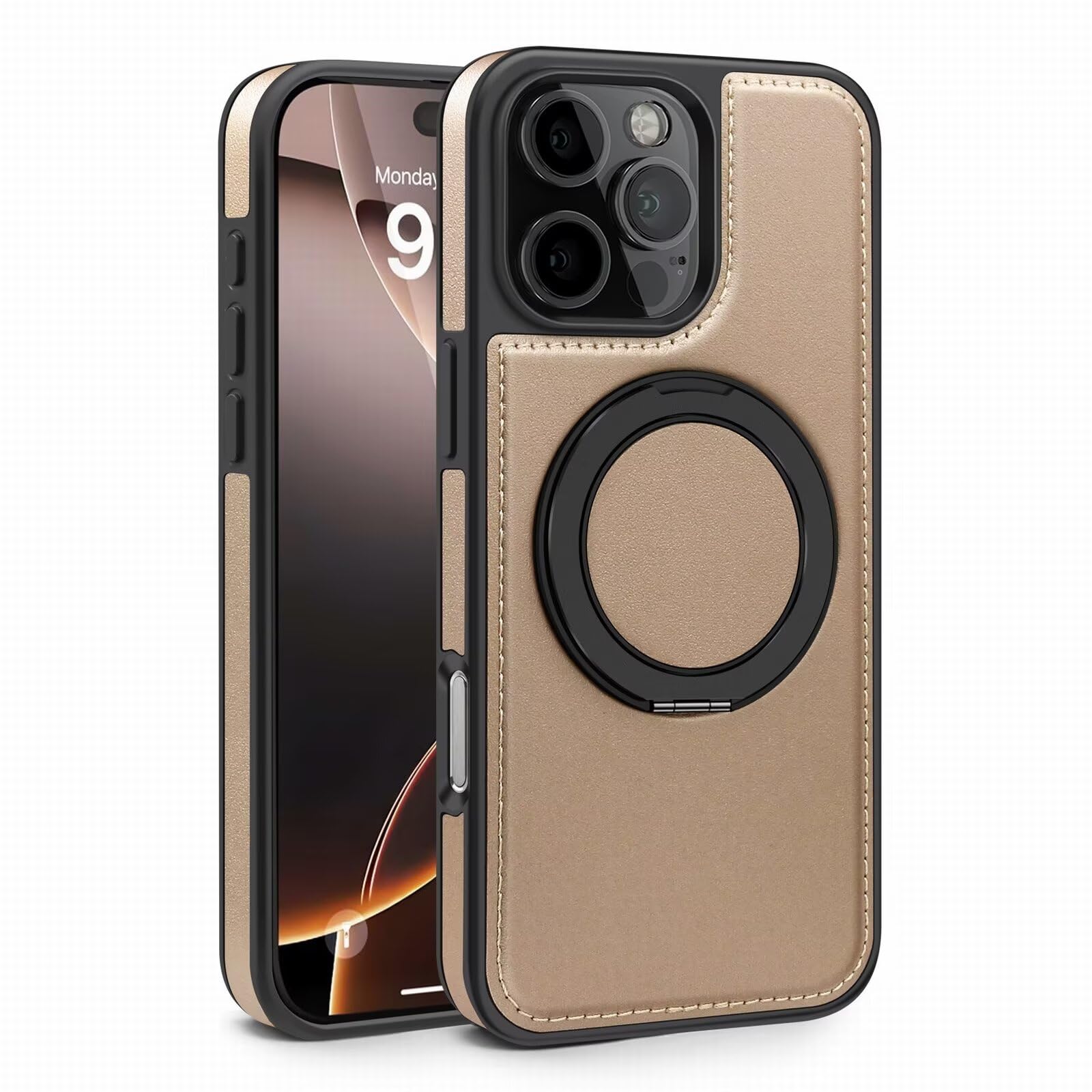 ANSCLT Magnetic Rotating Holder Leather PU Case for iPhone 16 Pro for Wireless Charge Business Retro Cover
