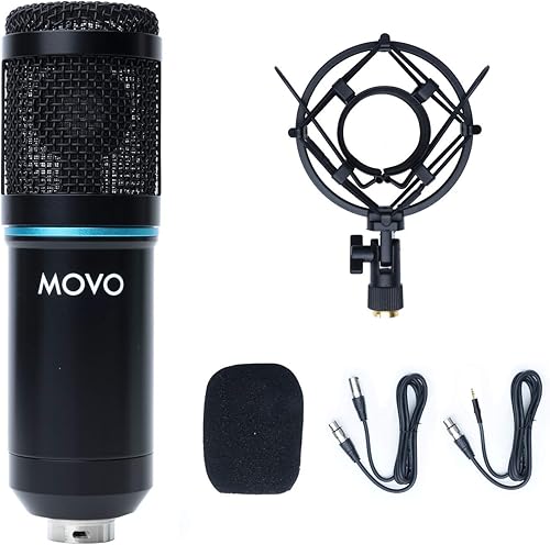 Movo PC-M6 Micrófono de condensador cardioide universal con XLR y 0.138 in, soporte de choque y parabrisas - Perfecto para podcasting, transmisión