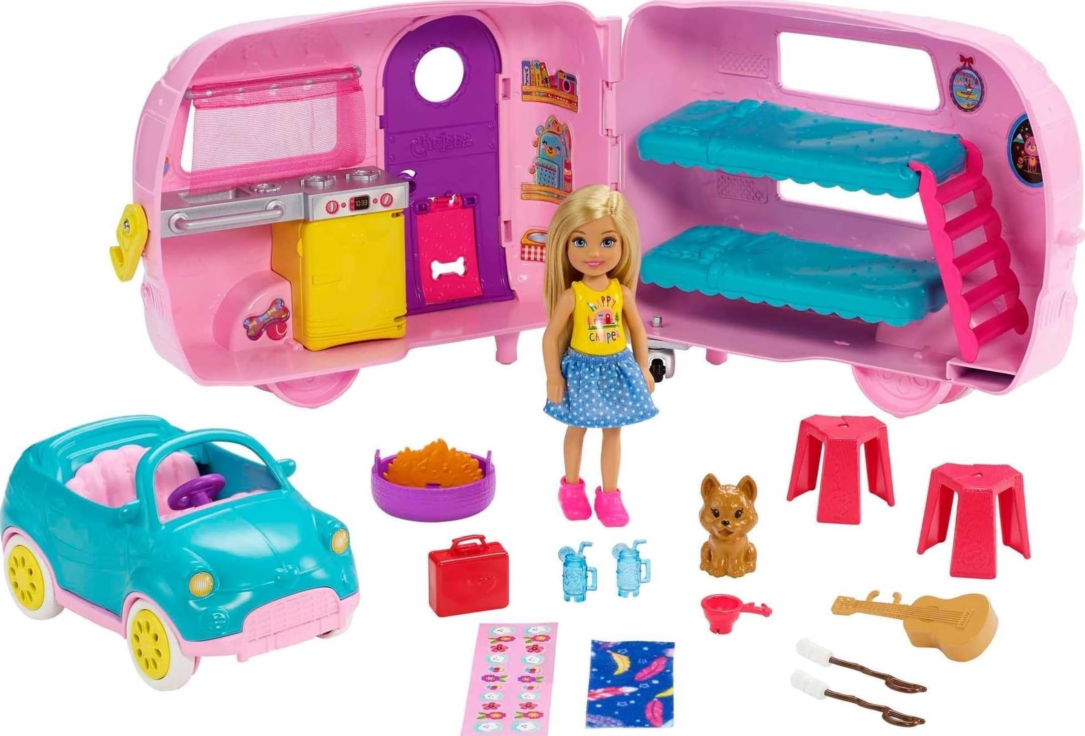 Barbie Chelsea Doll with Toy Car and Camper Playset, Blonde Chelsea Doll with Toy Puppy and 10 Camping Accessories and Doll Accessories, Toys for Ages 3 and Up, One Doll, FXG90