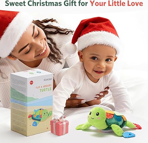 Miniatura 8 de Juguete sensorial de tortuga para bebé, escalas abatibles y multitextura para el vientre, juguete Montessori con sonajero y mordedores, tiempo de