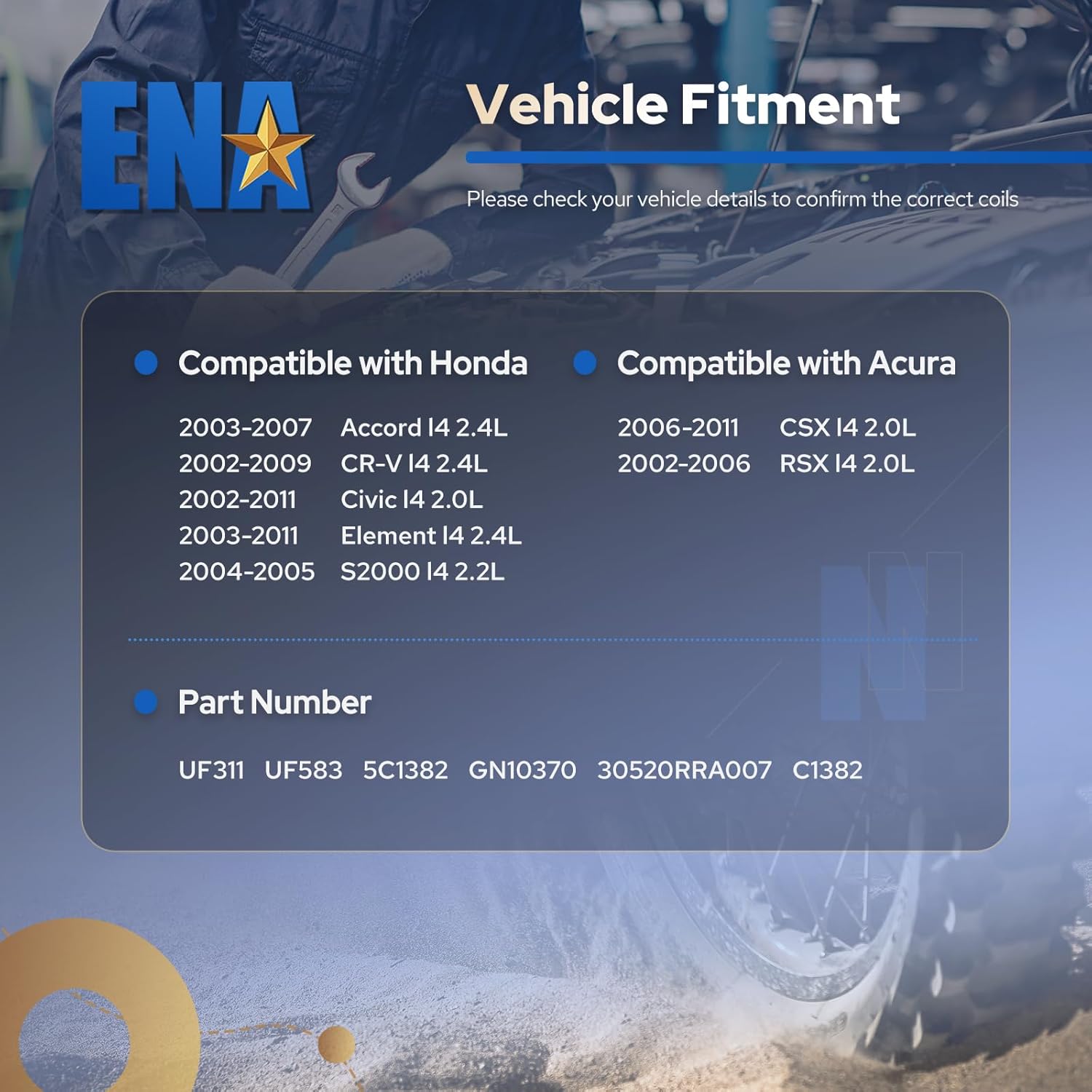 ENA Set of 4 Ignition Coil Pack 2.0L 2.4L V4 Compatible with Honda Acura Element CRV Civic Accord RSX CSX S2000 2002 2003 2004 2005 2006 2007 2008 2009 2010 2011 Coils for UF311 UF583 C1382