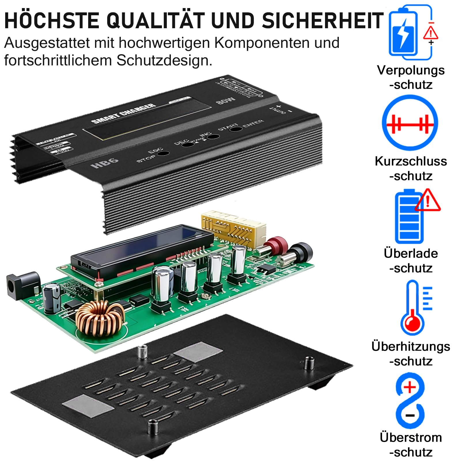 HTRC LiPo Ladegerät 80W 6A RC Akku Ladegerät mit Balancer und LED-Display | Für LiPo/Li-Ion/LiFe 1-6S, NiMH/NiCd 1-15S, Pb 2-20V; 8-in-1-Kabel für RC-Auto, Boot, Drohne, Modellbau und Airsoft-Akkus