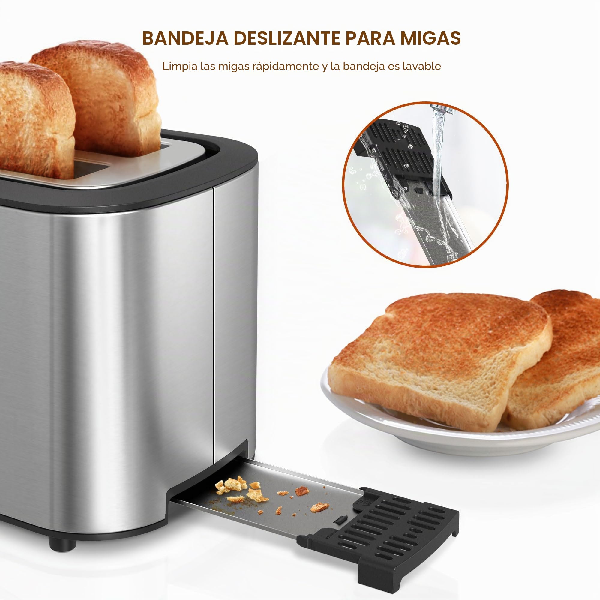 KitchenBoss Tostadora con 2 Rebanadas de 870 W: Tostadora de Acero Inoxidable con Accesorio para Panecillos y Bandeja Recogemigas, 6 Niveles de Tostado